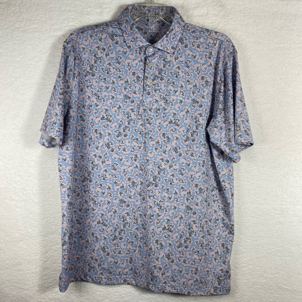 Rhoback Mens XL The Sakura Cherry Blossom Performance Polo Shirt Blue Floral